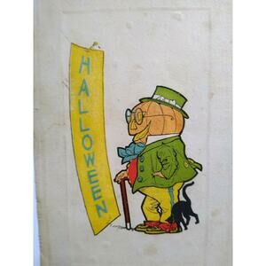 Fantasy Halloween Postcard Green Goblin Walking Cane Black Cat 1916 Falmouth